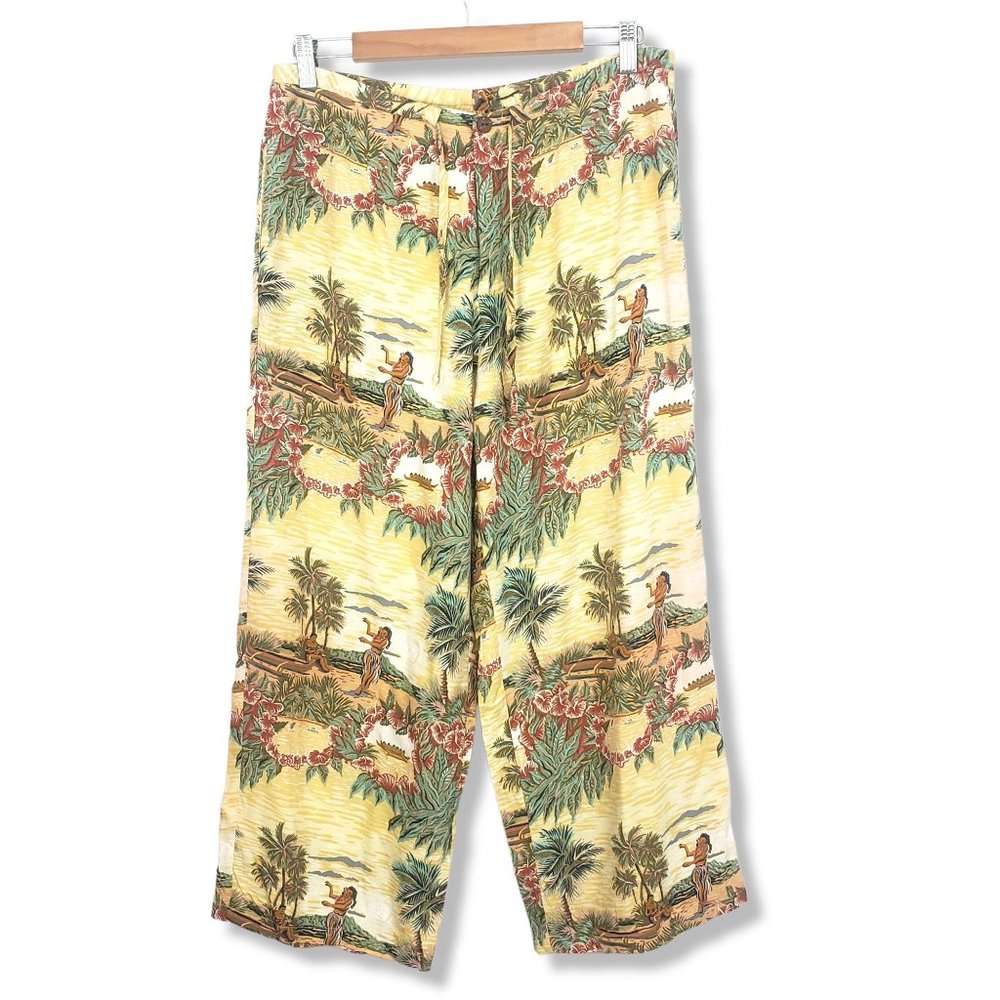 Vintage Kahala Buttery Yellow Hawaiian Patterned Ankle Cropped Flare Pants